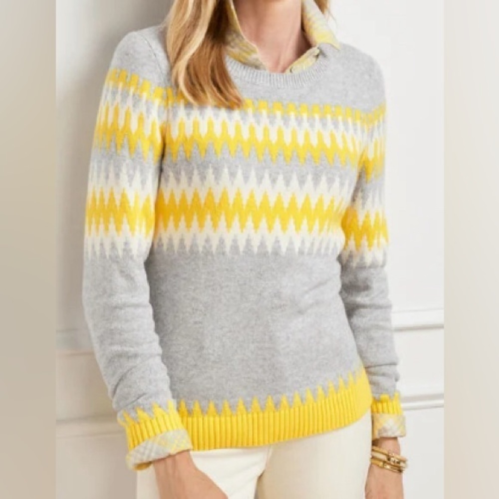 TALBOTS - NEW - Crewneck Sweater - Chevron Fair Isle. Grey Sky Heather. Small.